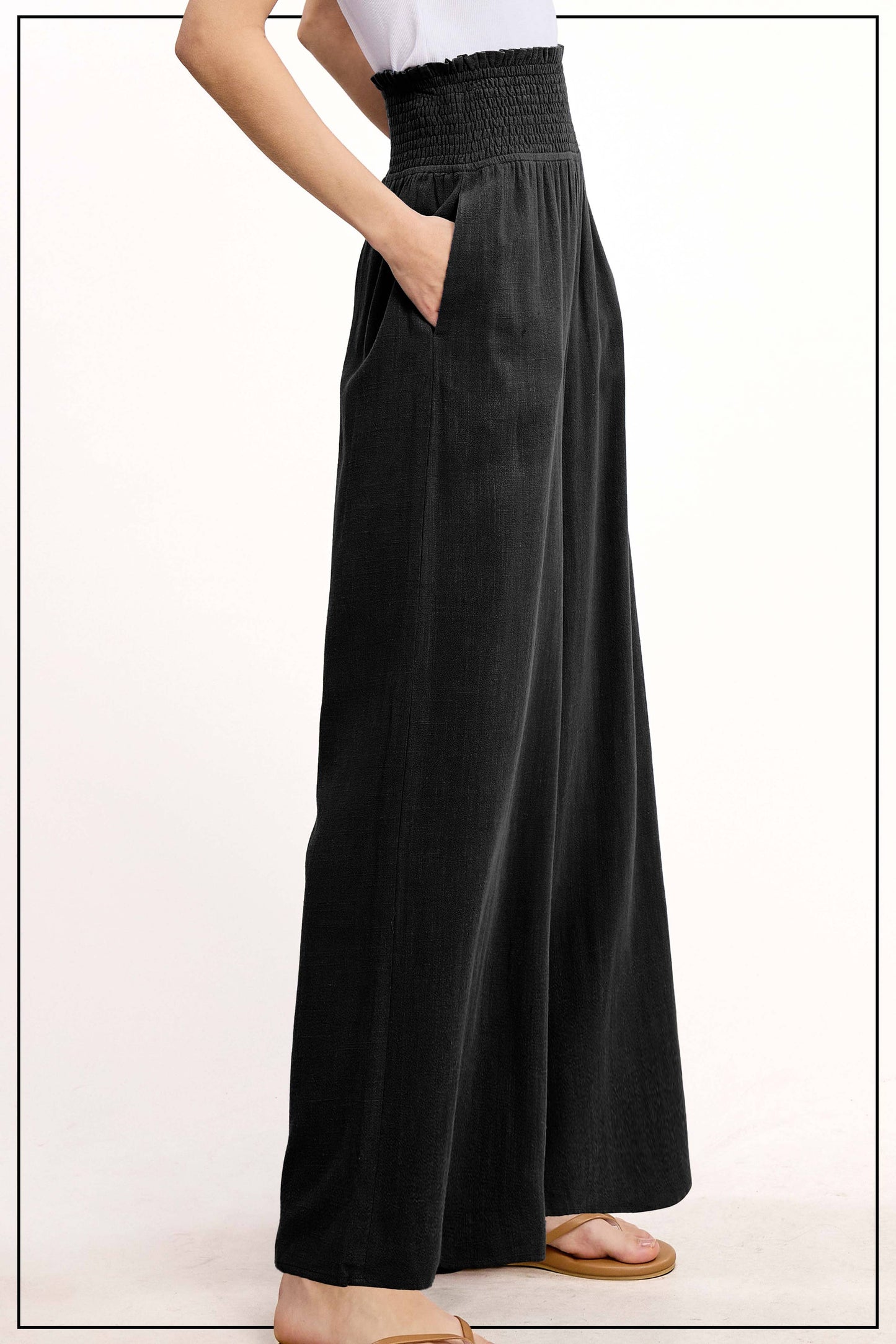 Smocked Waist High Waist Pants with Side Pockets