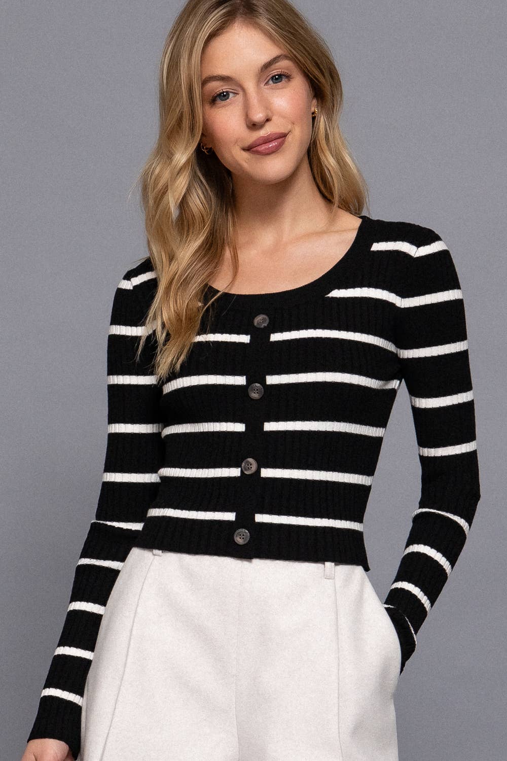 Long Sleeve Round Neck Button Down Stripe Sweater