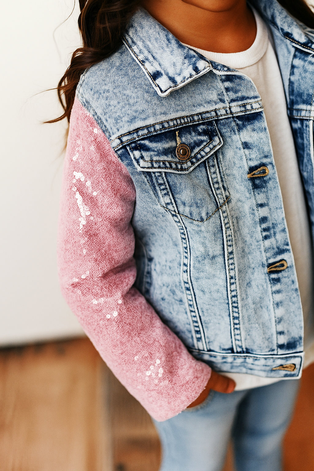 Kids Pink Sequin & Light Wash Denim Jacket