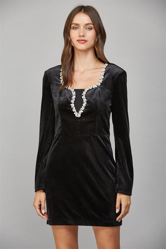 Fate Jewel Embellished Scoop Velvet Long Sleeve Dress