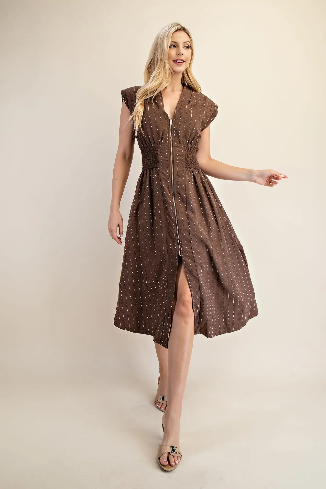 Glam V Neck Shoulder Padded Front Zip Midi Dress