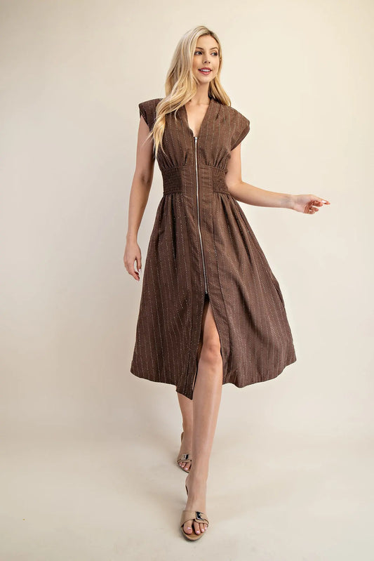 Glam V Neck Shoulder Padded Front Zip Midi Dress