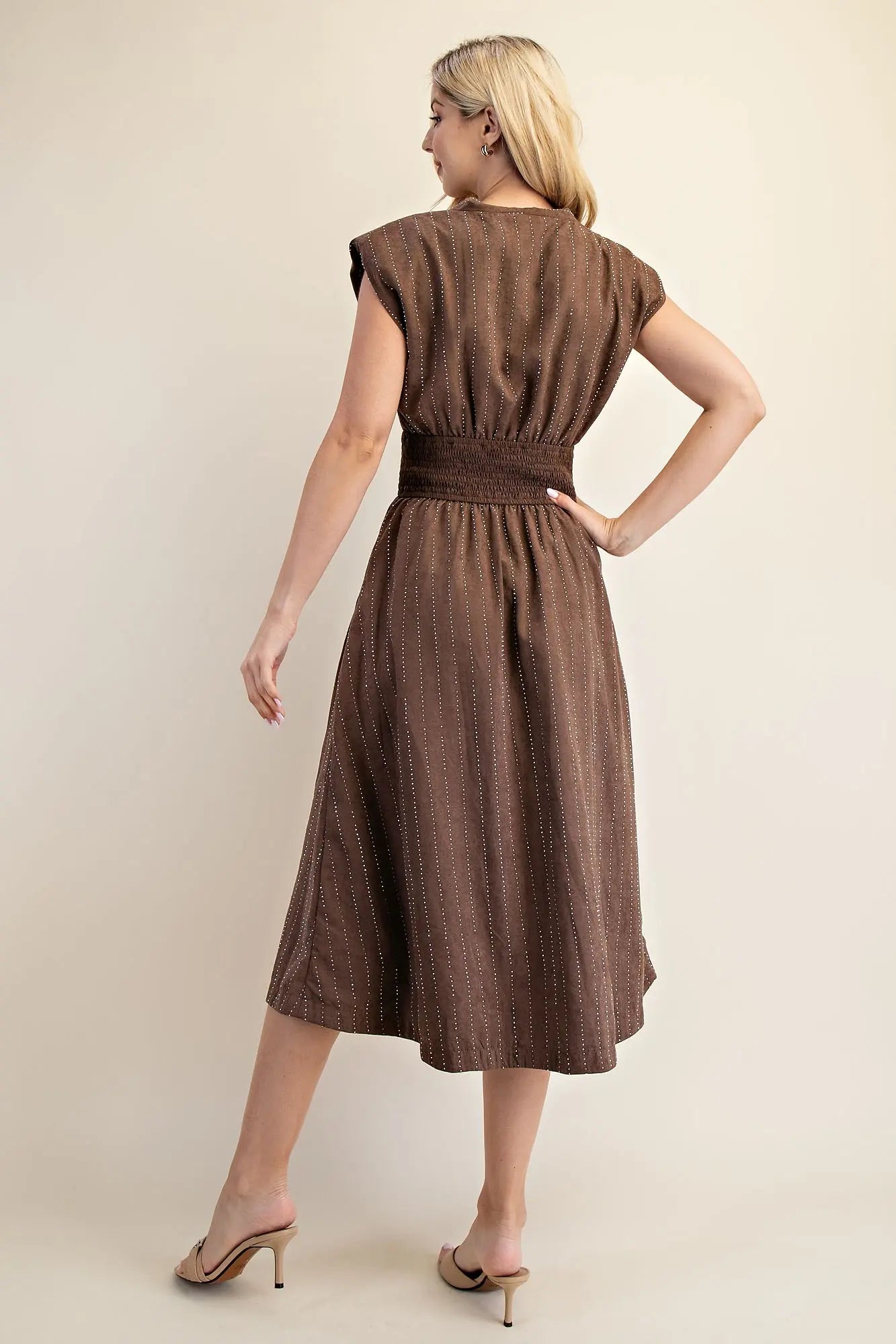 Glam V Neck Shoulder Padded Front Zip Midi Dress