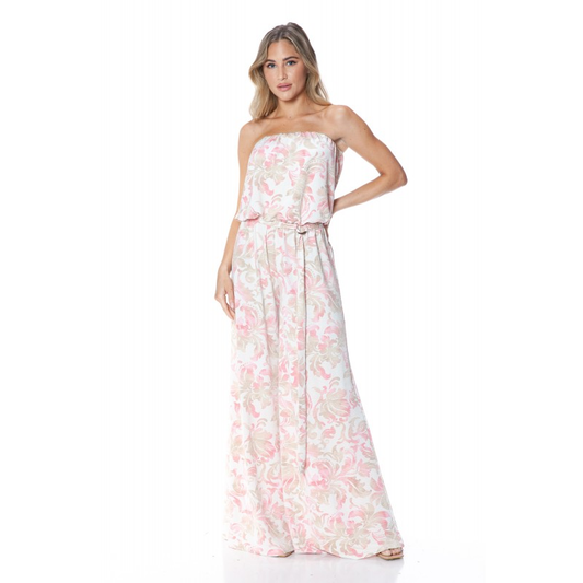 Ariella Strapless Ivory and Pink Print Jumpsuit