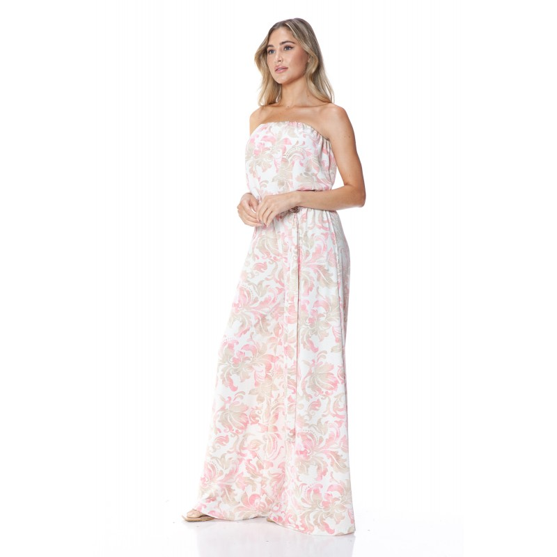 Ariella Strapless Ivory and Pink Print Jumpsuit