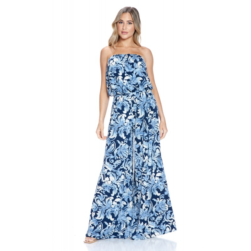 Ariella Strapless Blue Black Print Jumpsuit