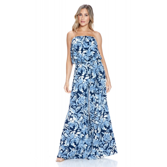 Ariella Strapless Blue Black Print Jumpsuit