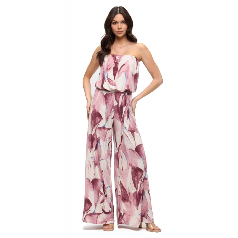 Ariella Strapless Pink and Ivory Print Jumpsuit