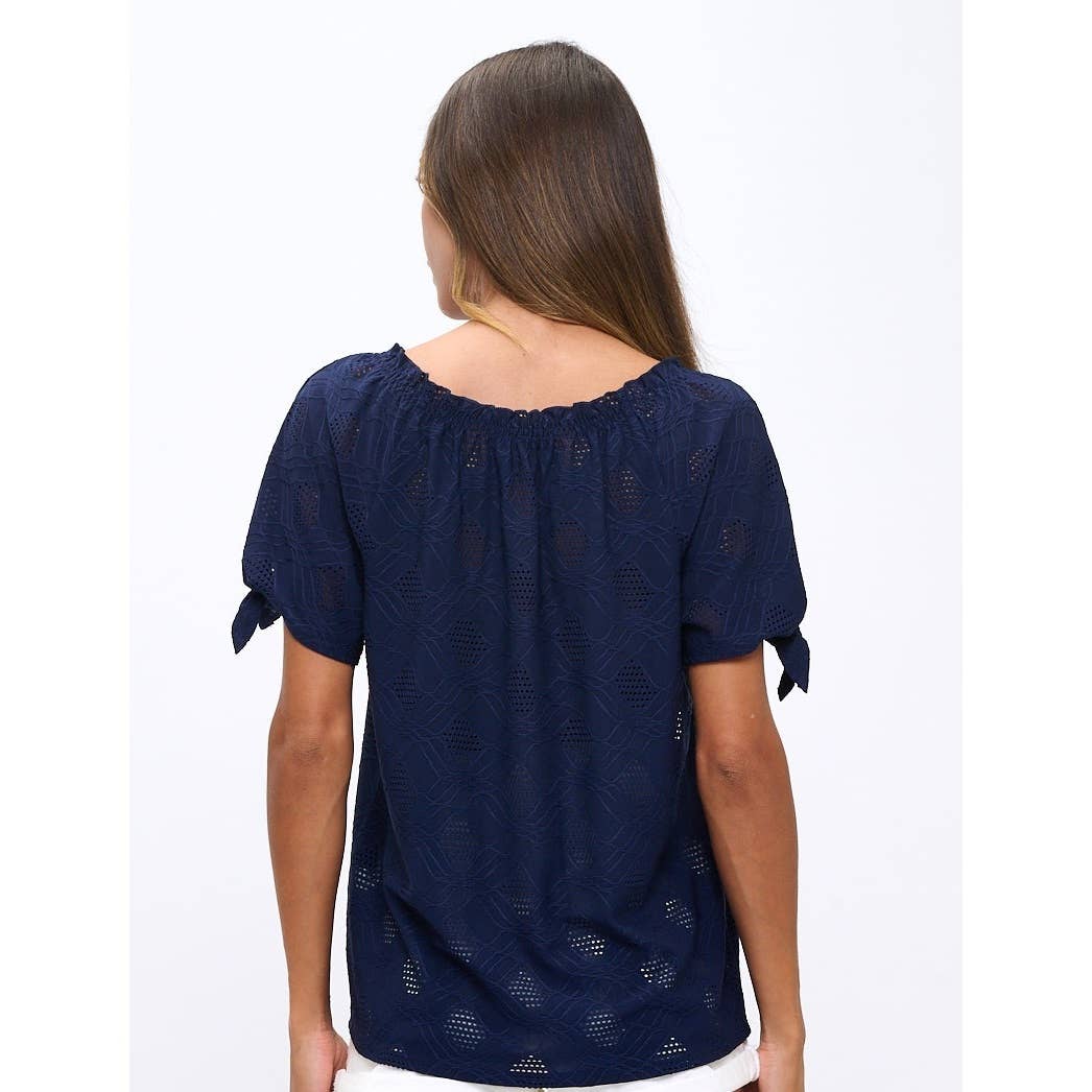 Eyelet Smocking Tie Sleeve Peasant Top
