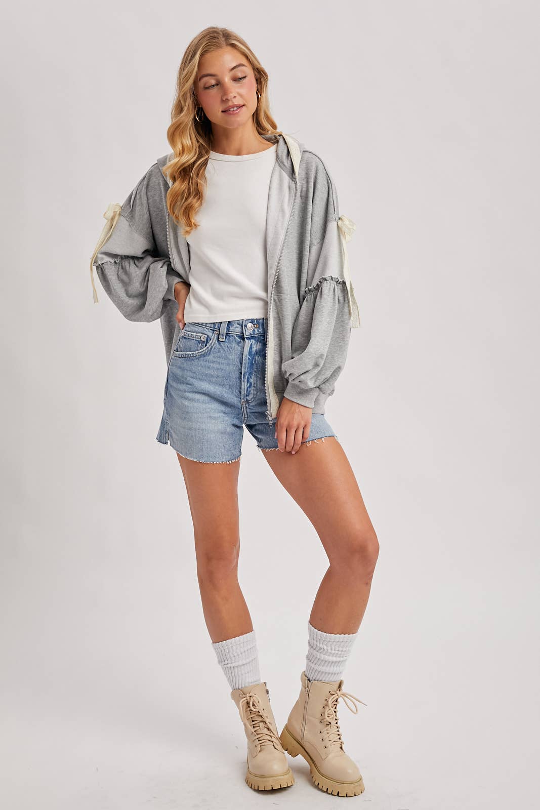 Balloon Sleeve Lace Trimmed Zipper Front Hoodie