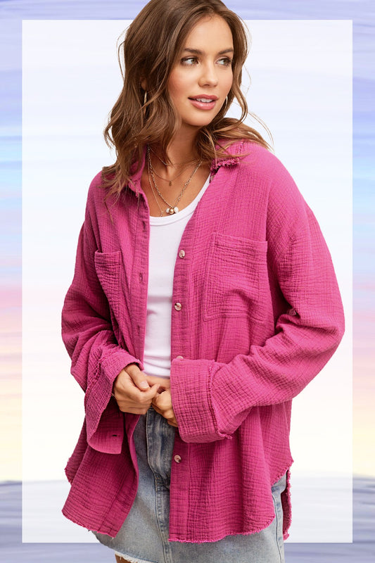 La Miel Soft Washed Crinkle Gauze Button Down Shirt Fuchsia