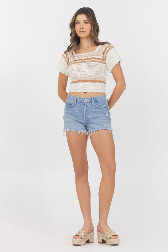 Short Sleeve Crochet Striped Top