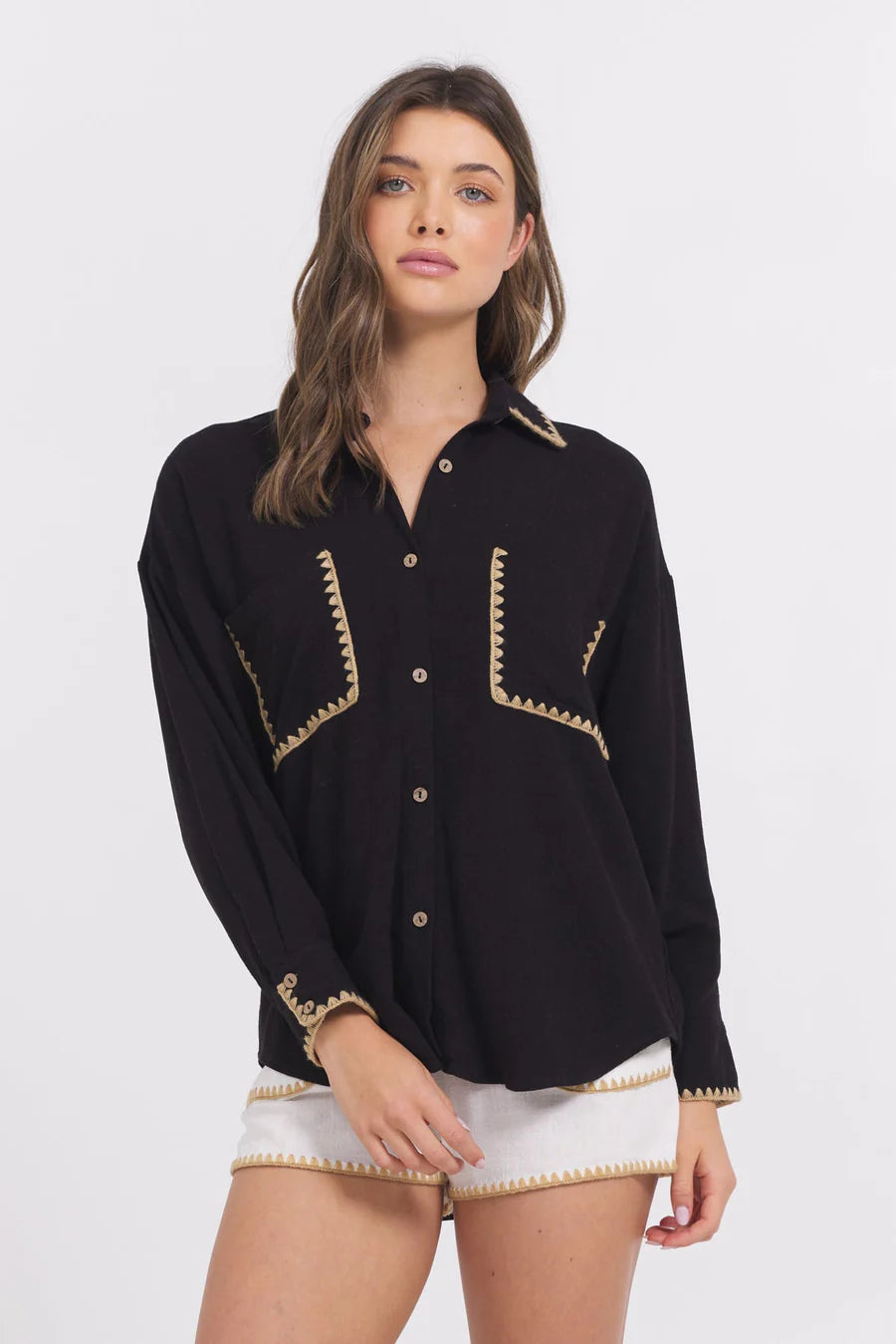 Black Button Up Shirt With Tan Whip Stitch