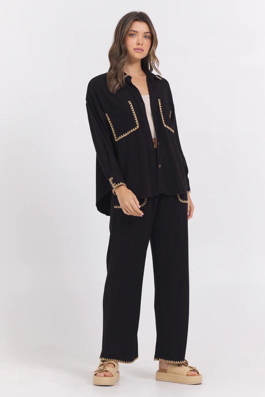 Black Button Up Shirt With Tan Whip Stitch