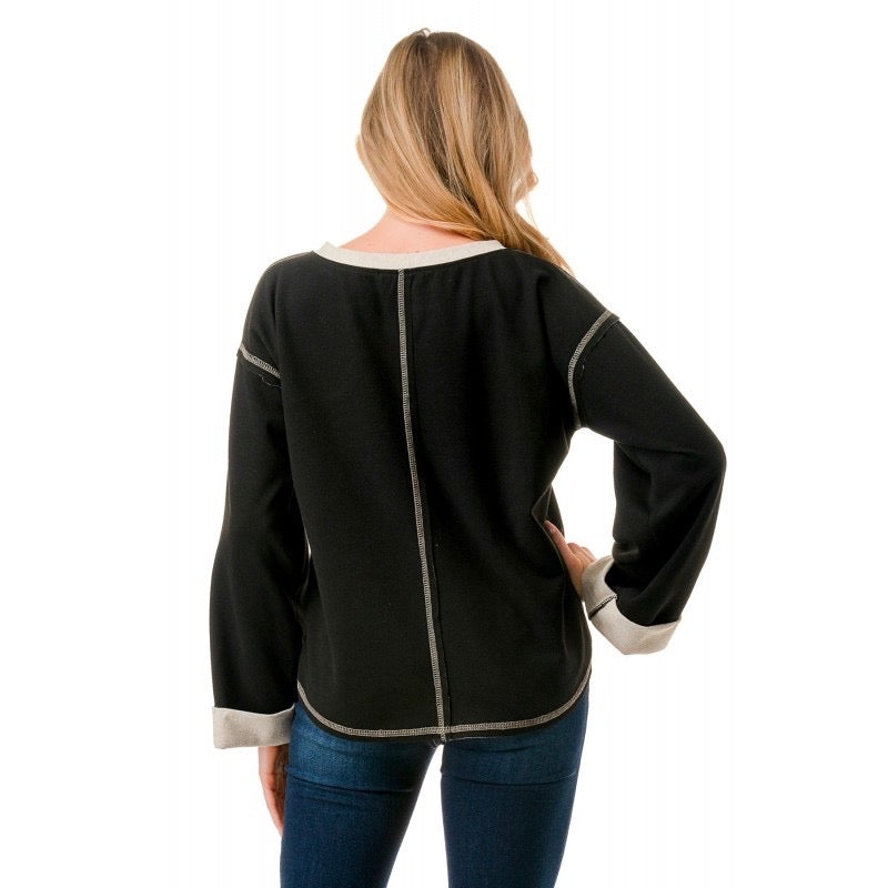 Ariella Super Soft Two Tone Henley Black