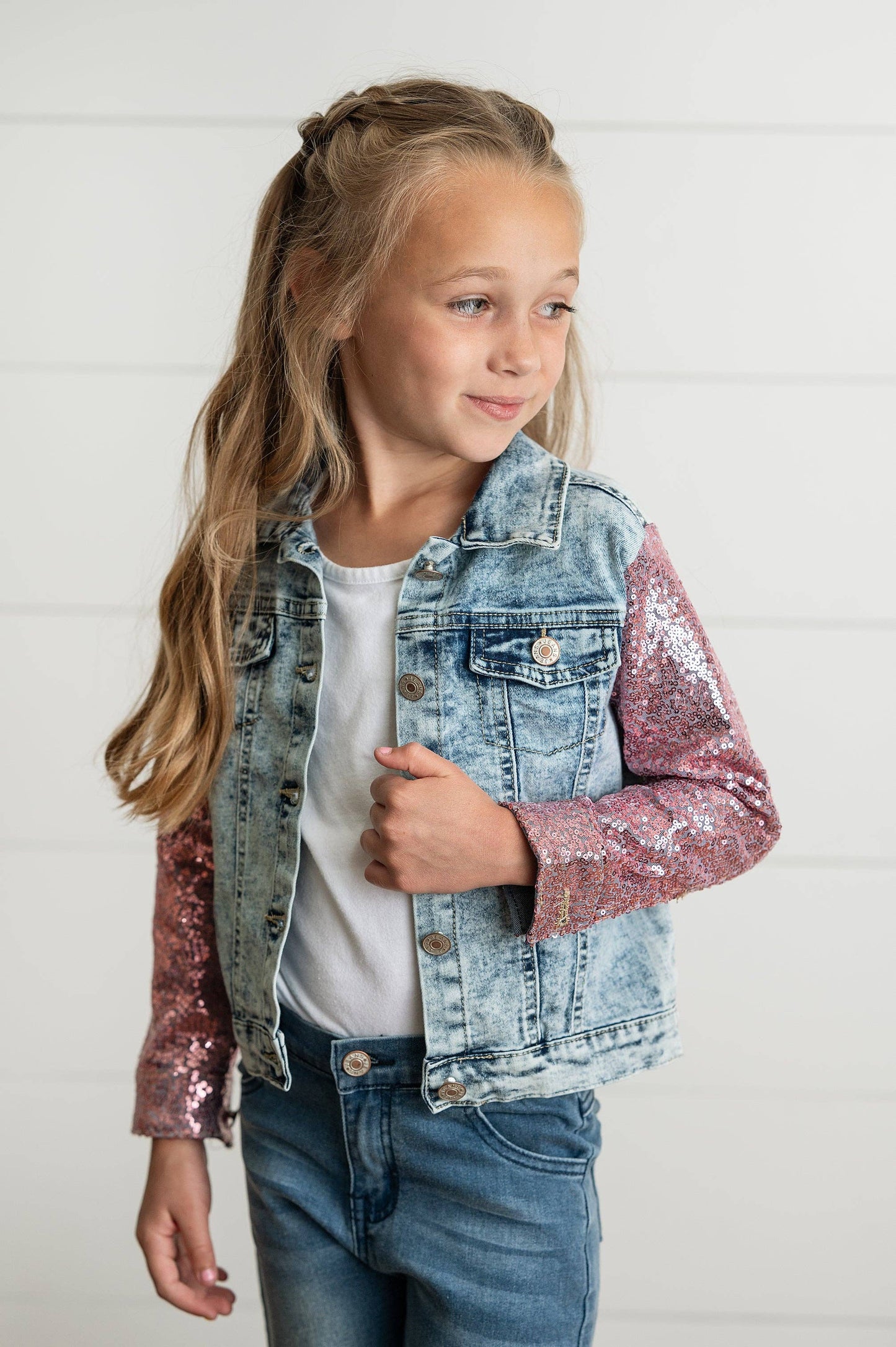 Kids Pink Sequin & Light Wash Denim Jacket