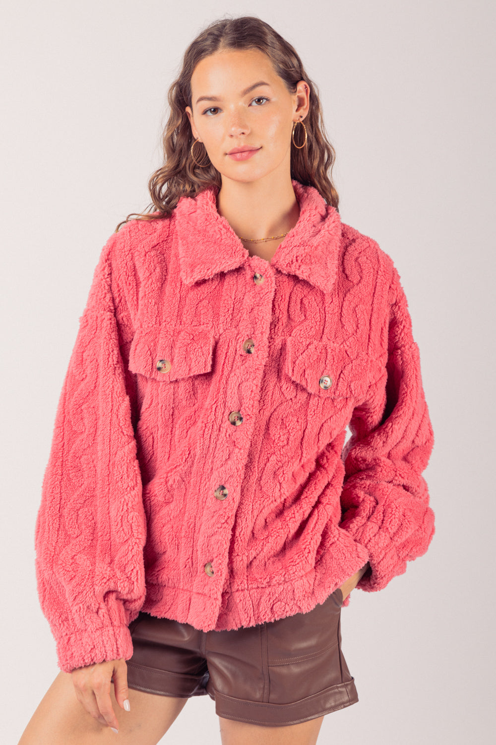 Very J Cable Pattern Soft Fleece Fur Shacket