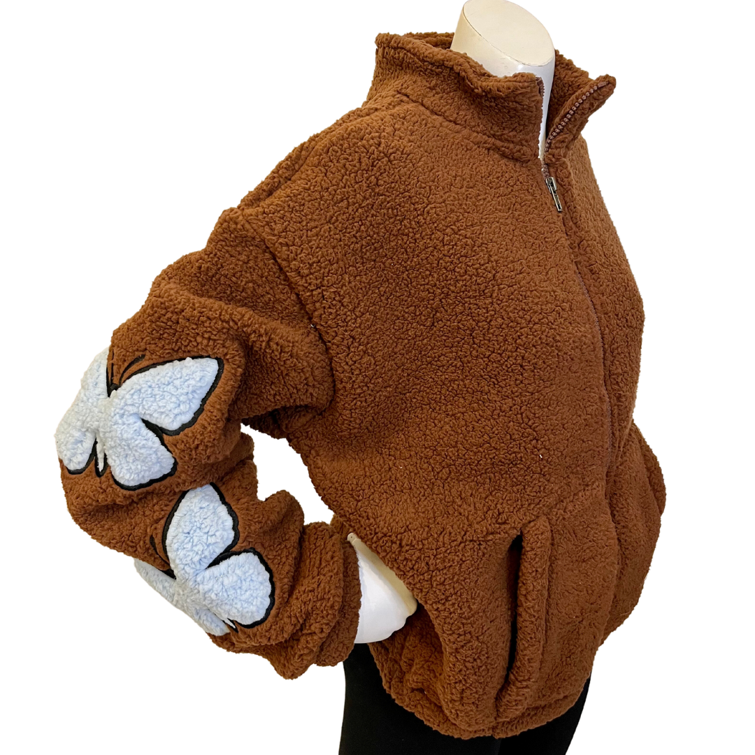 Cozy Sherpa Zippered Jacket with Appliqué