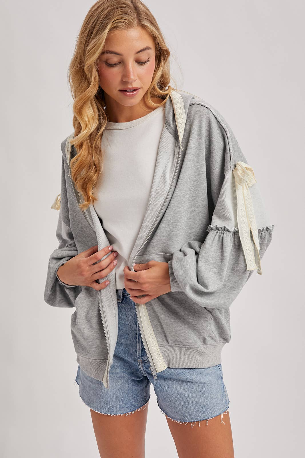 Balloon Sleeve Lace Trimmed Zipper Front Hoodie