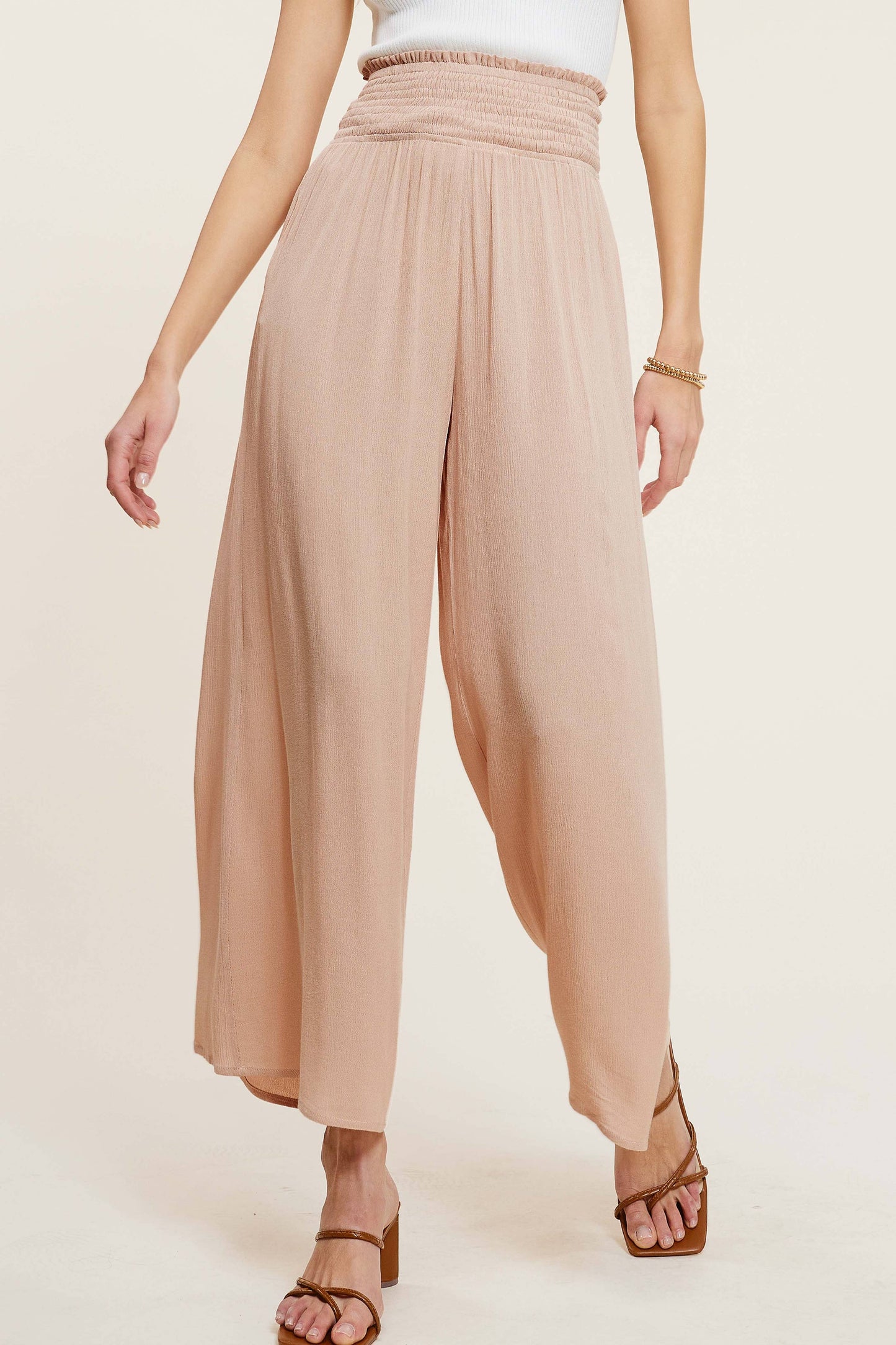 Wide Leg Smocked Elastic Waist Pants With Pockets