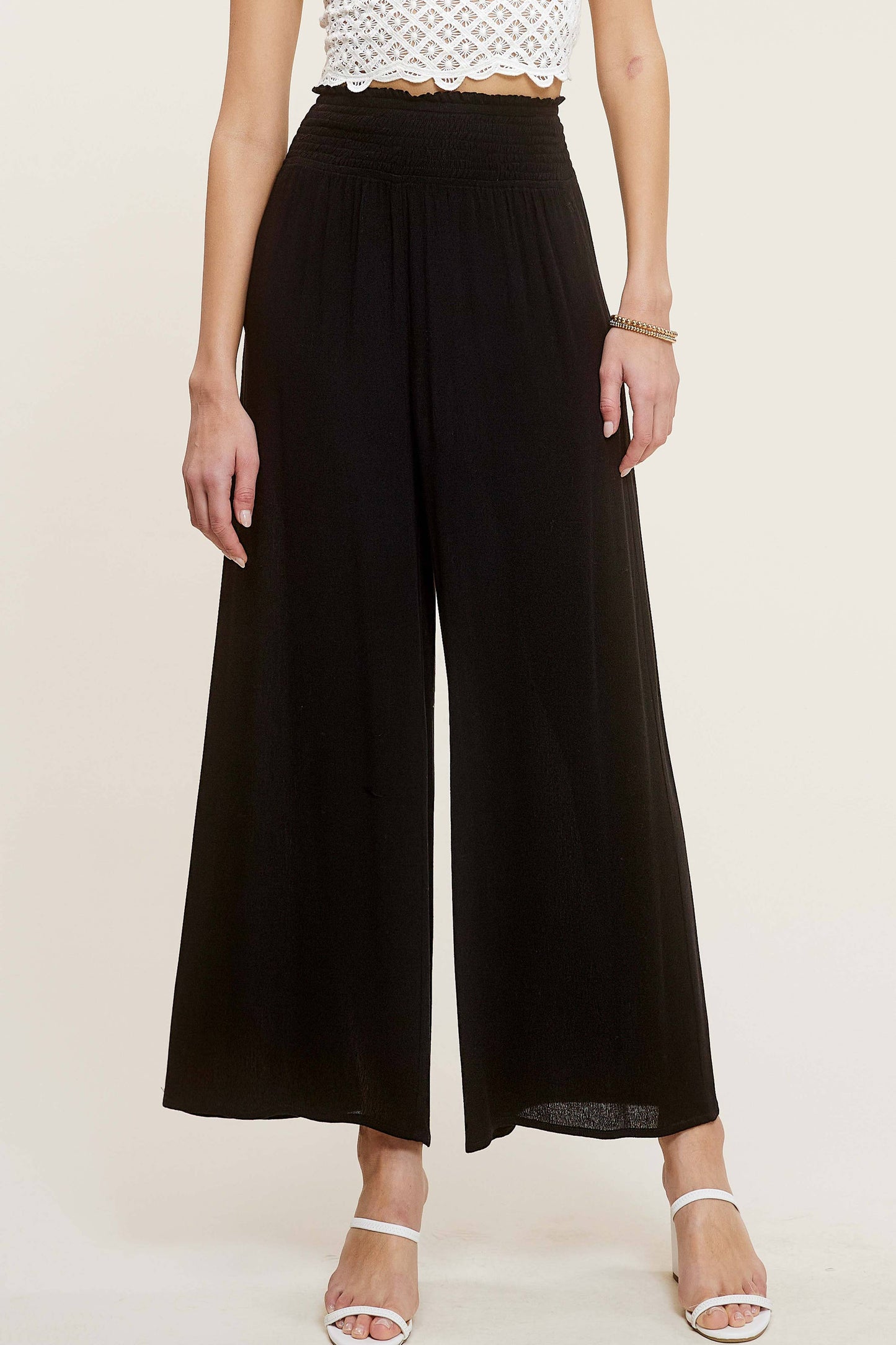 Wide Leg Smocked Elastic Waist Pants With Pockets
