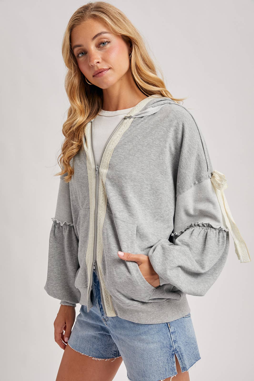 Balloon Sleeve Lace Trimmed Zipper Front Hoodie