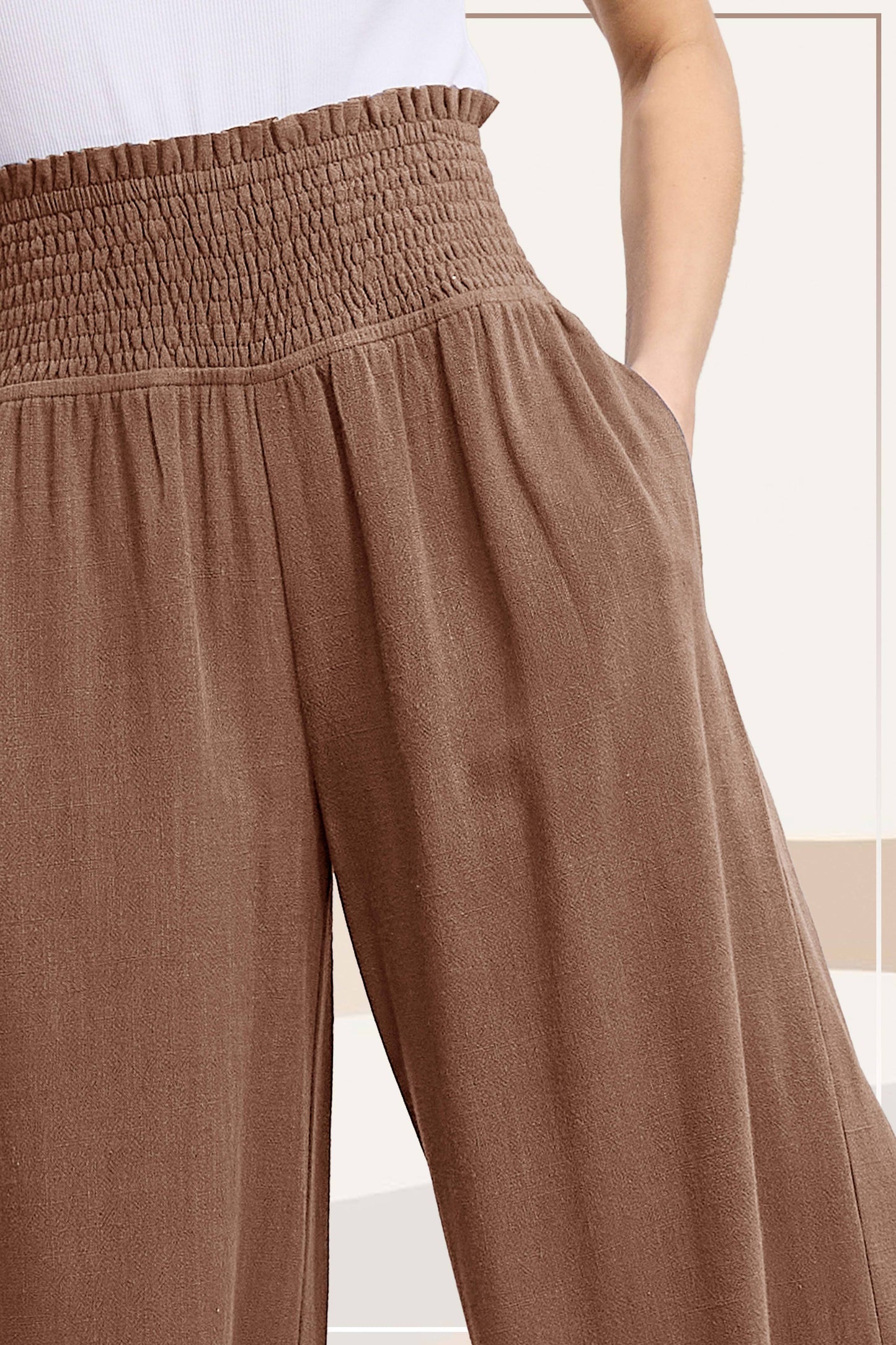 Smocked Waist High Waist Pants with Side Pockets