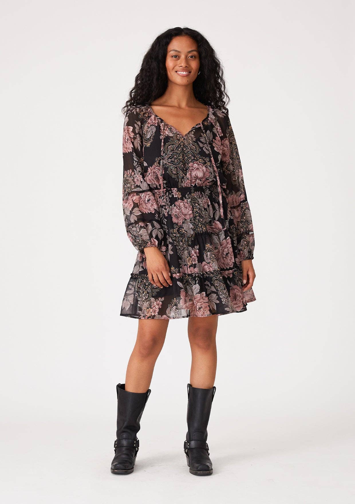 Floral Long Sleeve Smocked Tiered Mini Dress