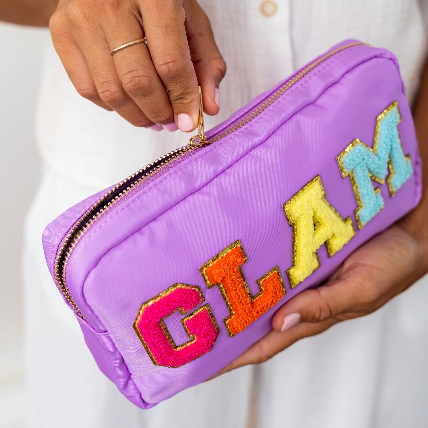 Purple Preppy Nylon Chenille Letter Travel Makeup Pouch- GLAM