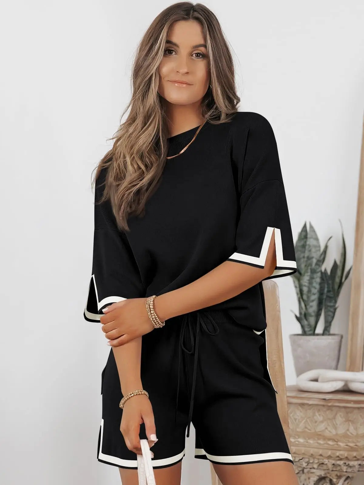 Contrast Trim Ribbed Knit Short Set