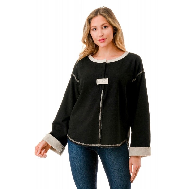 Ariella Super Soft Two Tone Henley Black