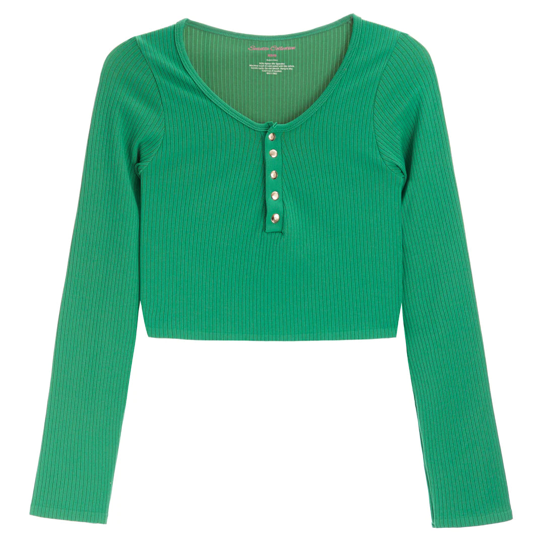Suzette Long Sleeve Rib Henley with Snap Crop