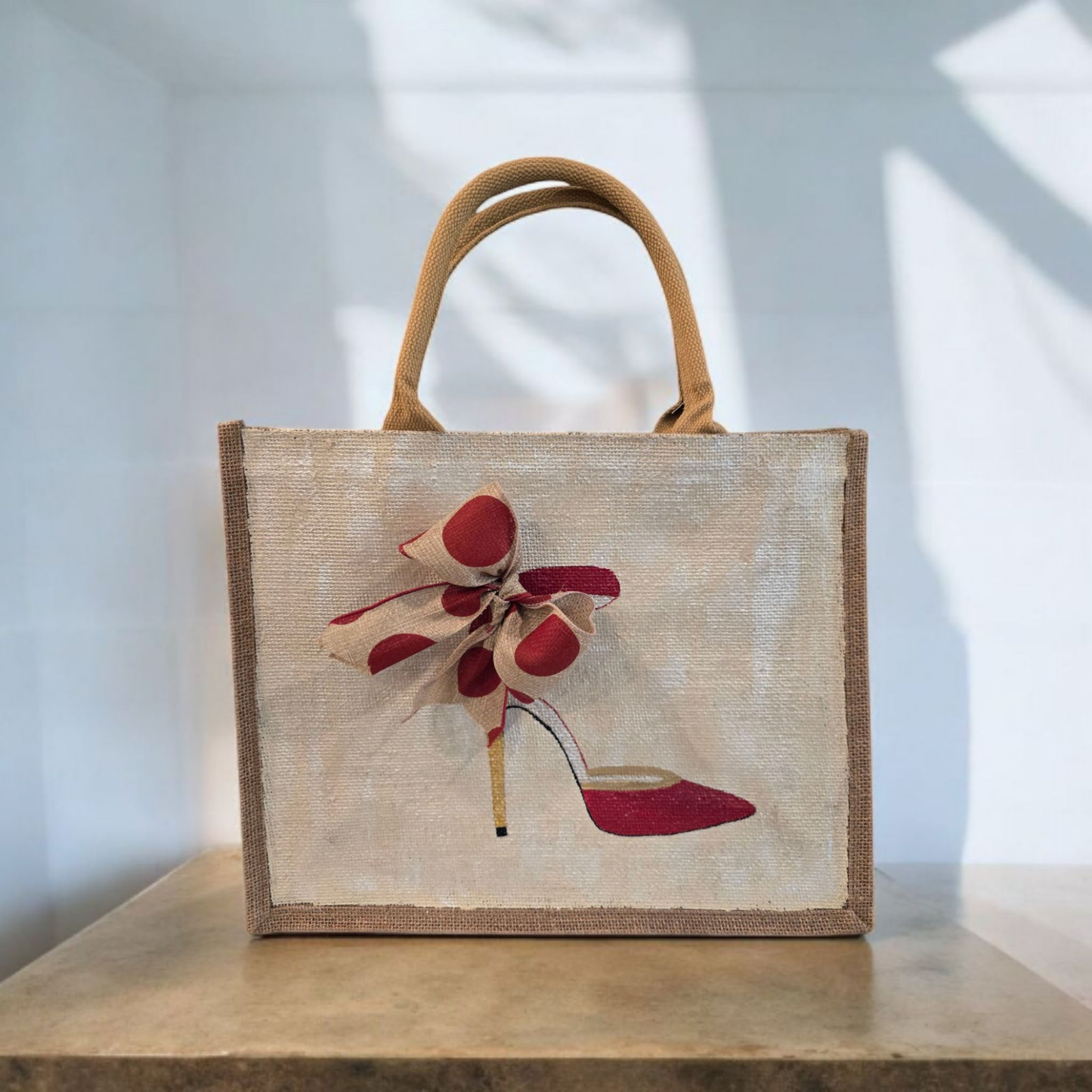 Red and Tan Polka Dot Stiletto Tote Bag