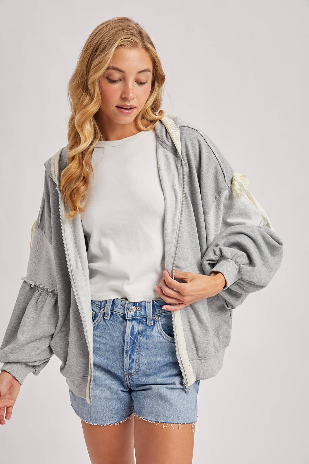 Balloon Sleeve Lace Trimmed Zipper Front Hoodie