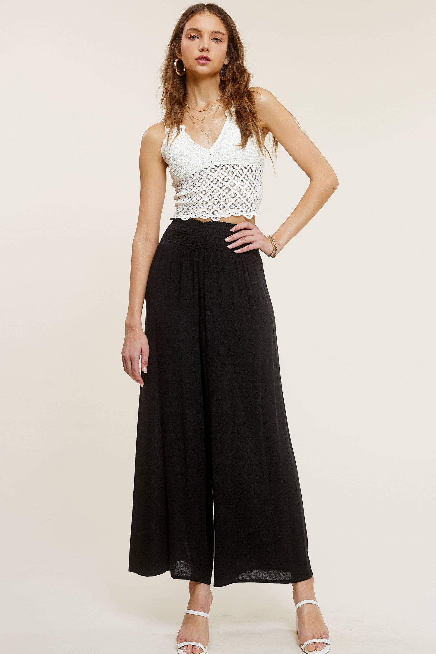 Wide Leg Smocked Elastic Waist Pants With Pockets
