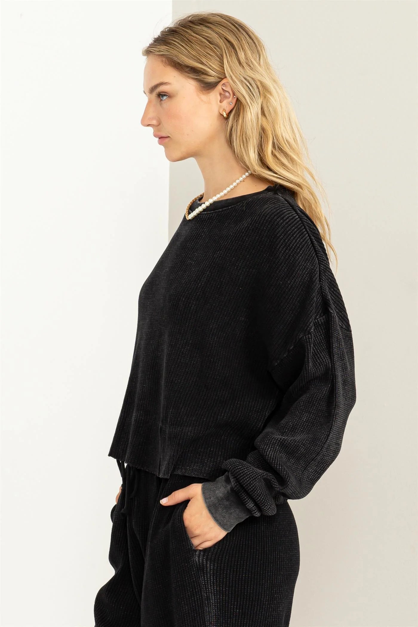 HYFVE My Kinda Day Waffle Long-Sleeve Drop Shoulder Top
