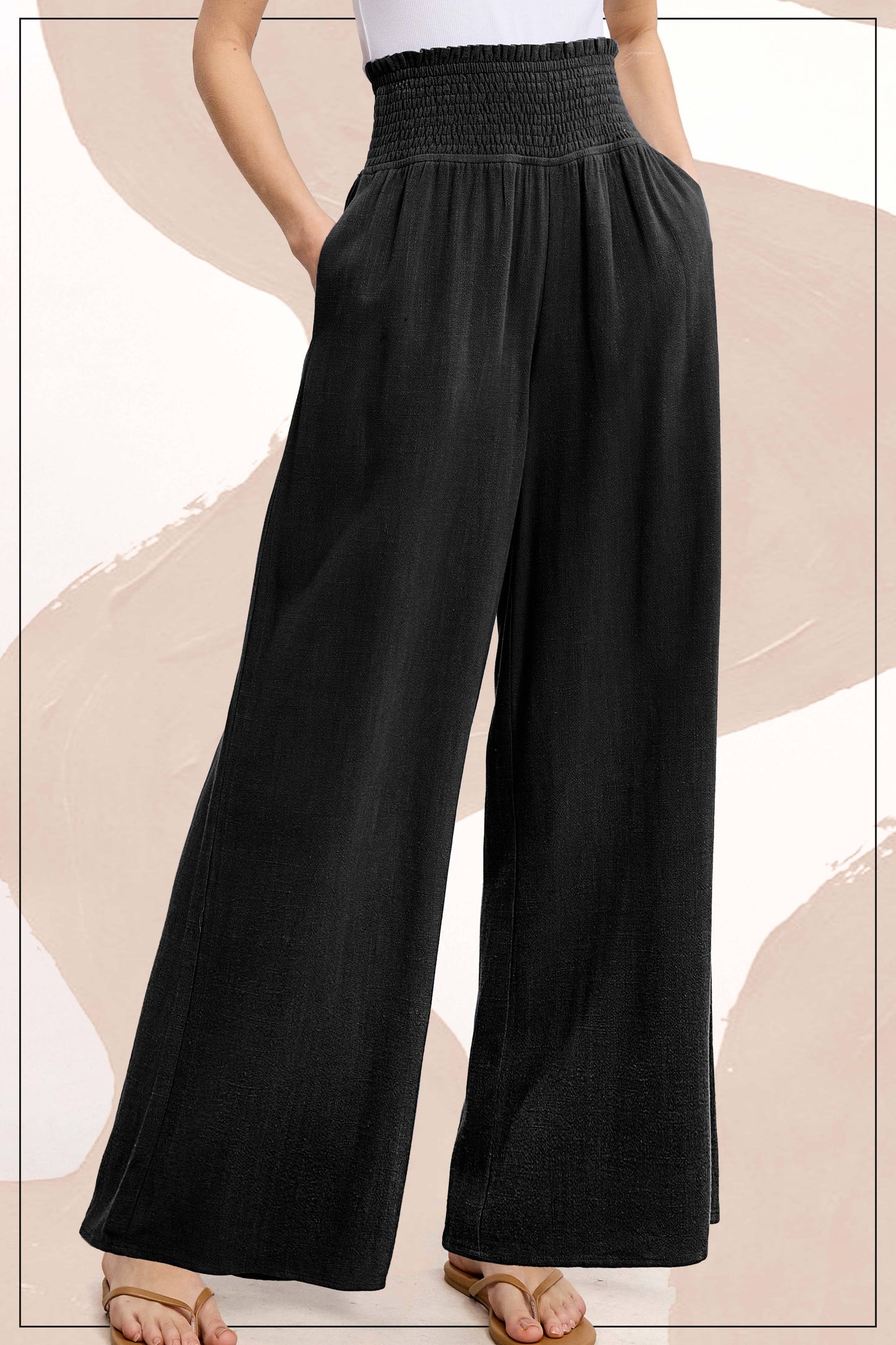 Smocked Waist High Waist Pants with Side Pockets