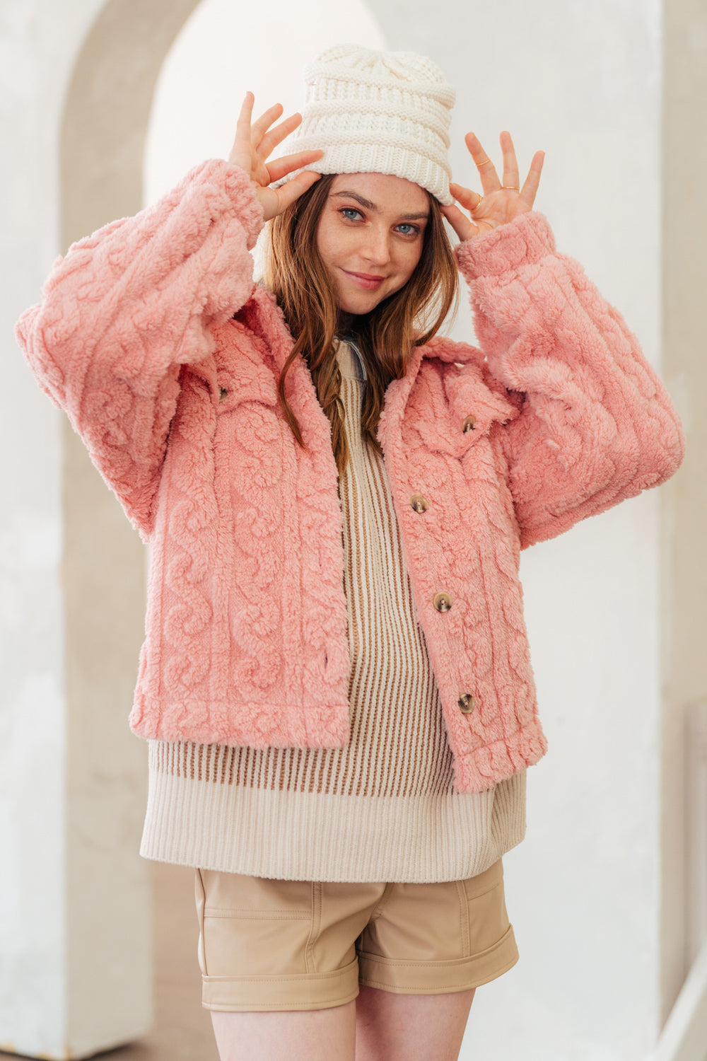 Very J Cable Pattern Soft Fleece Fur Shacket