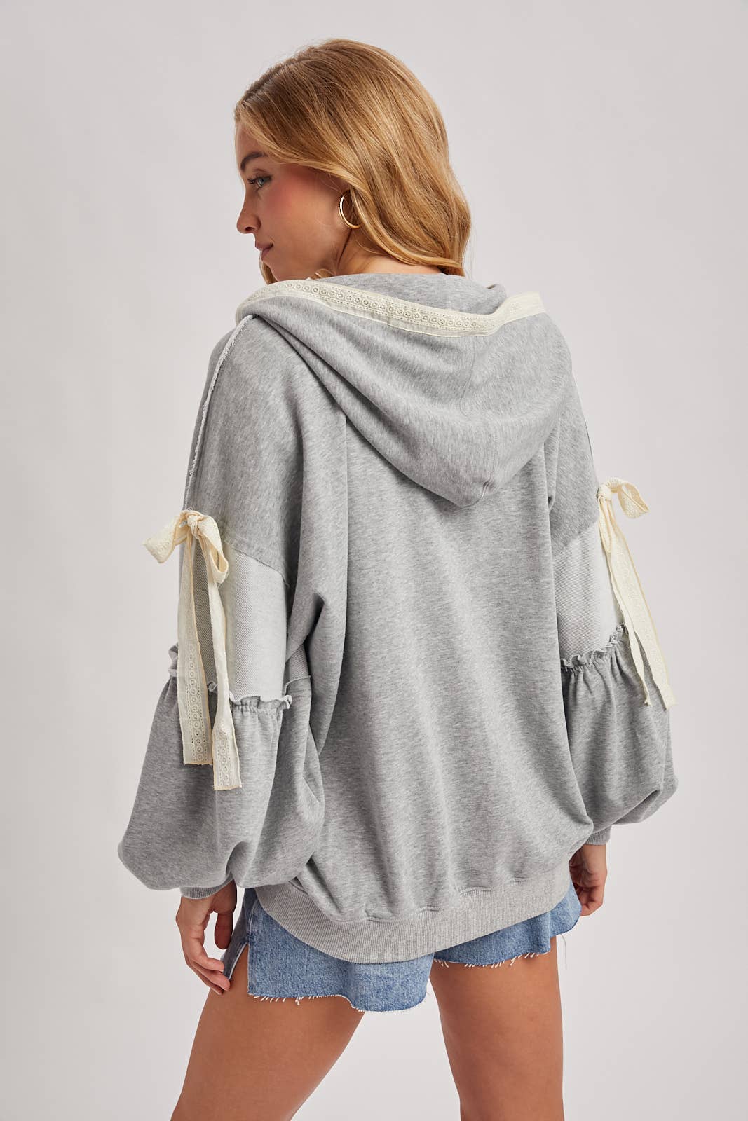 Balloon Sleeve Lace Trimmed Zipper Front Hoodie