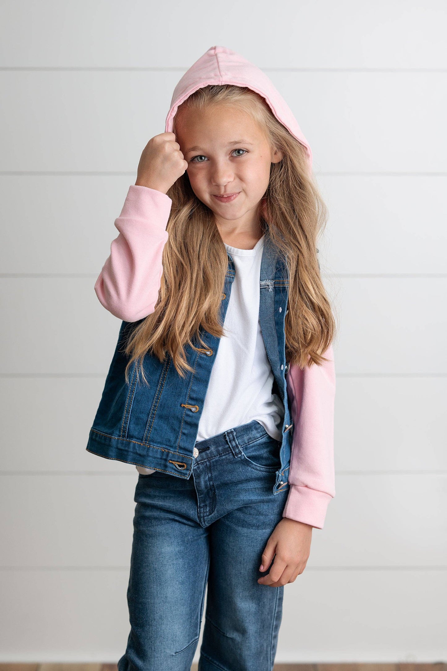 Kids Pink Hoodie Denim and Knit sleeve Jacket