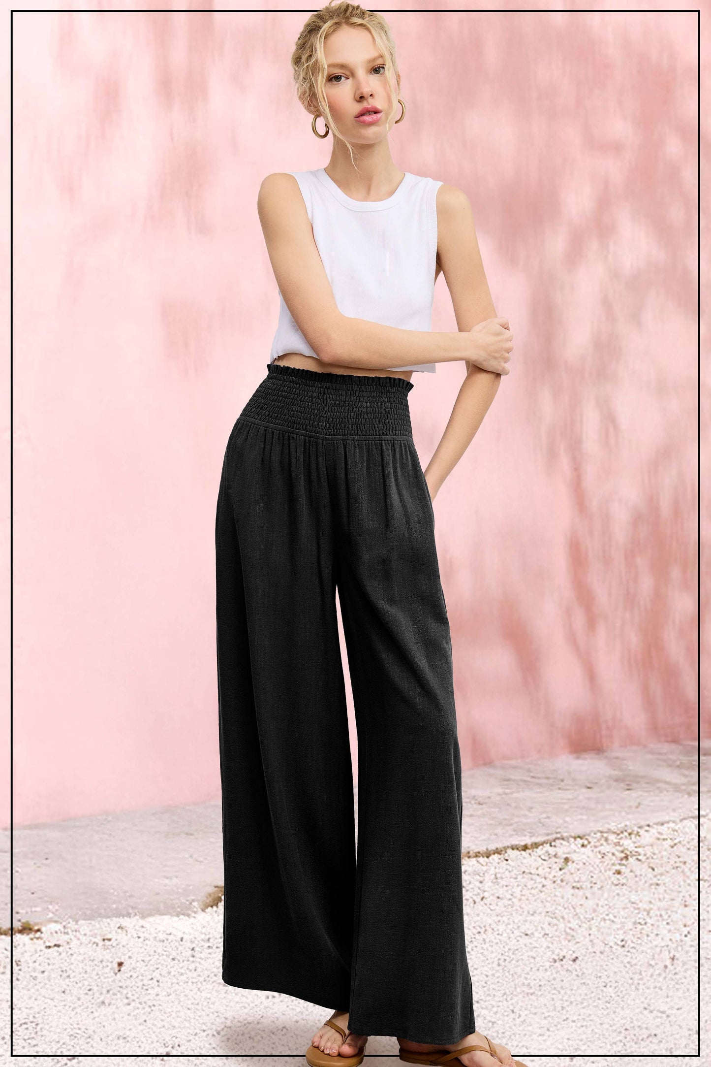 Smocked Waist High Waist Pants with Side Pockets