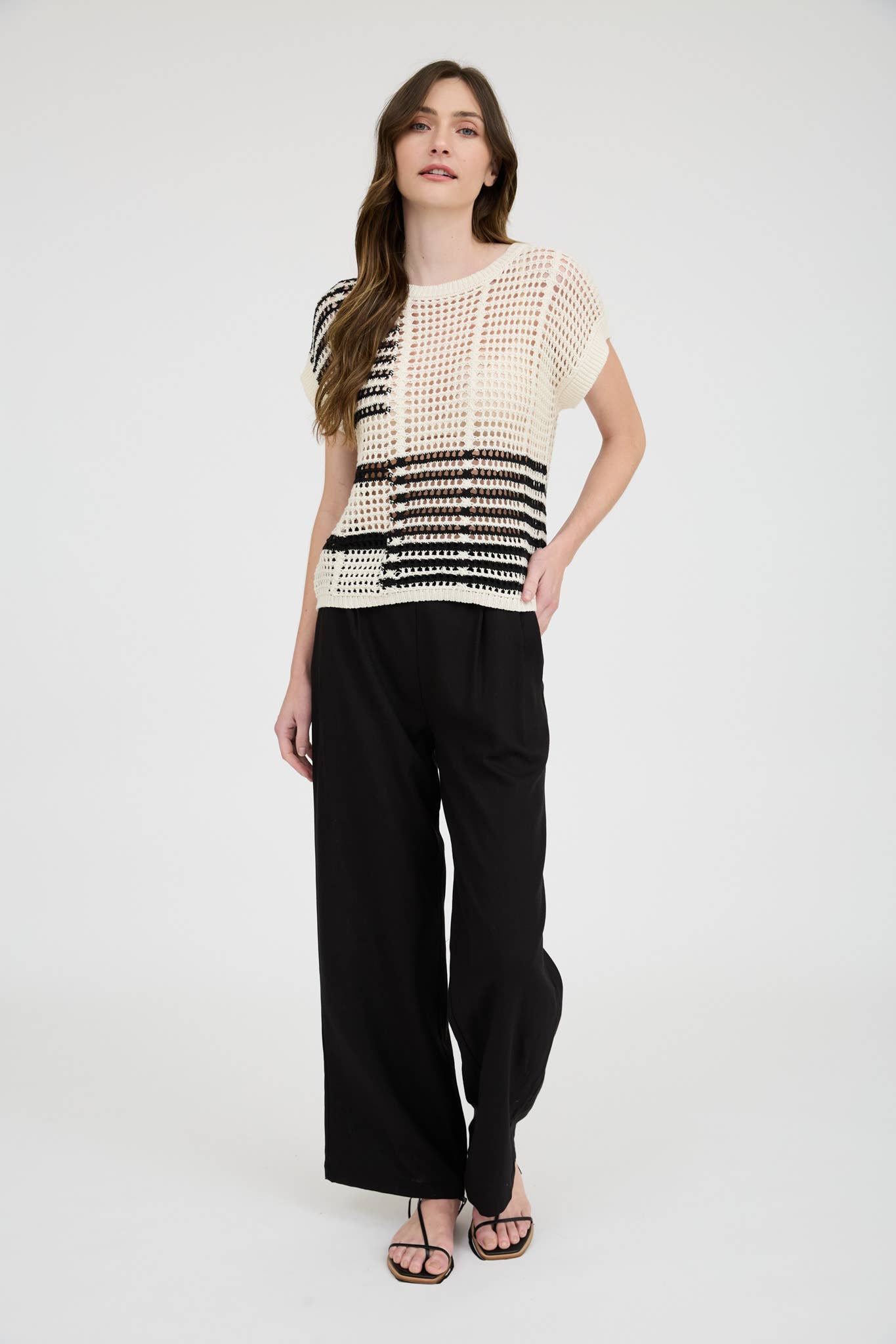 Multi Stripe Short Sleeve Sheer Crochet Knit Top