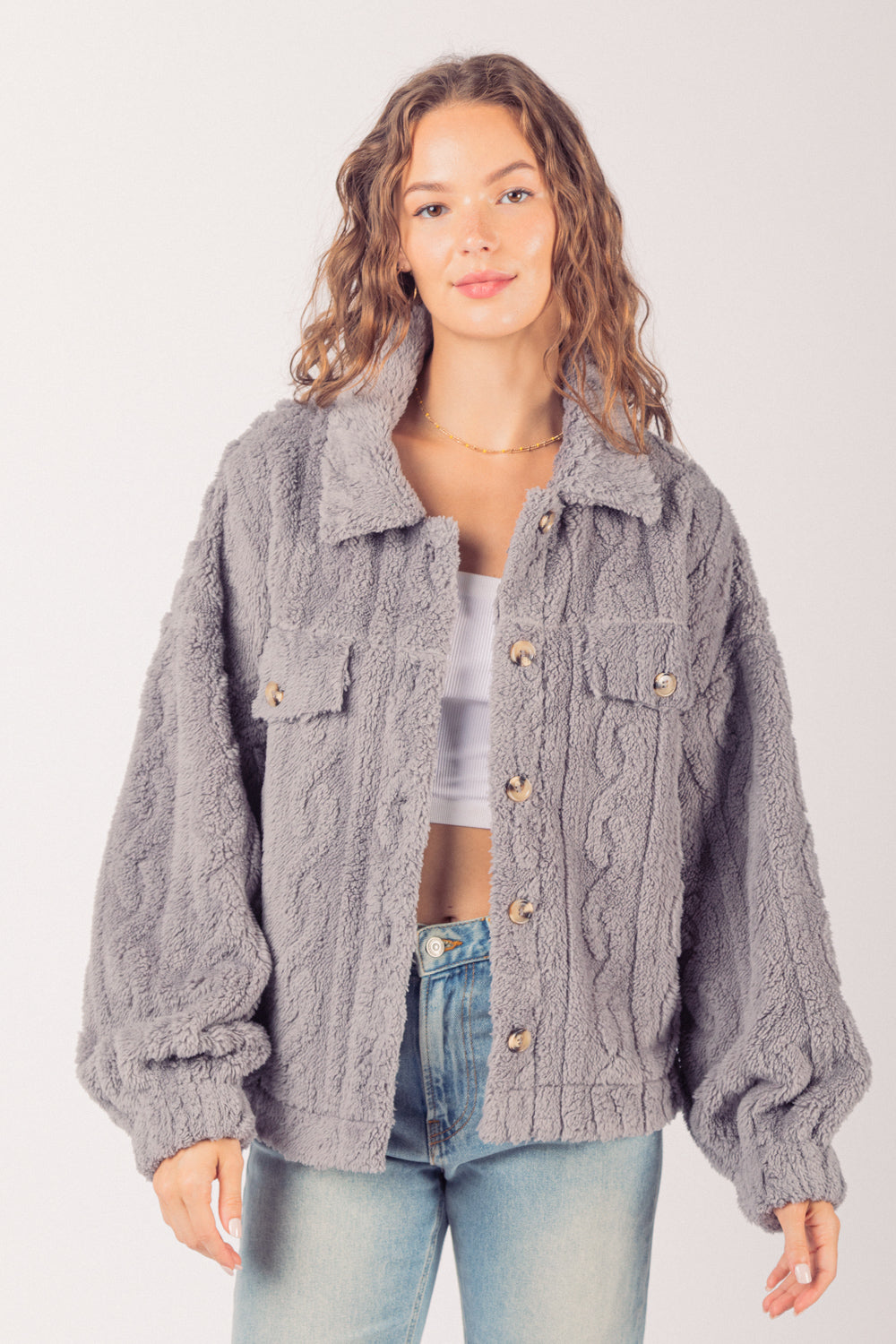 Very J Cable Pattern Soft Fleece Fur Shacket