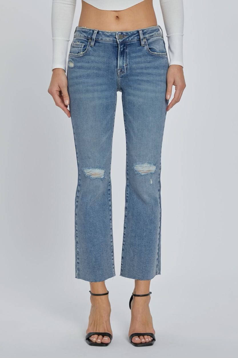 Hidden Ryan Mid Wash Frayed Hem Mid Rise Cropped Flare