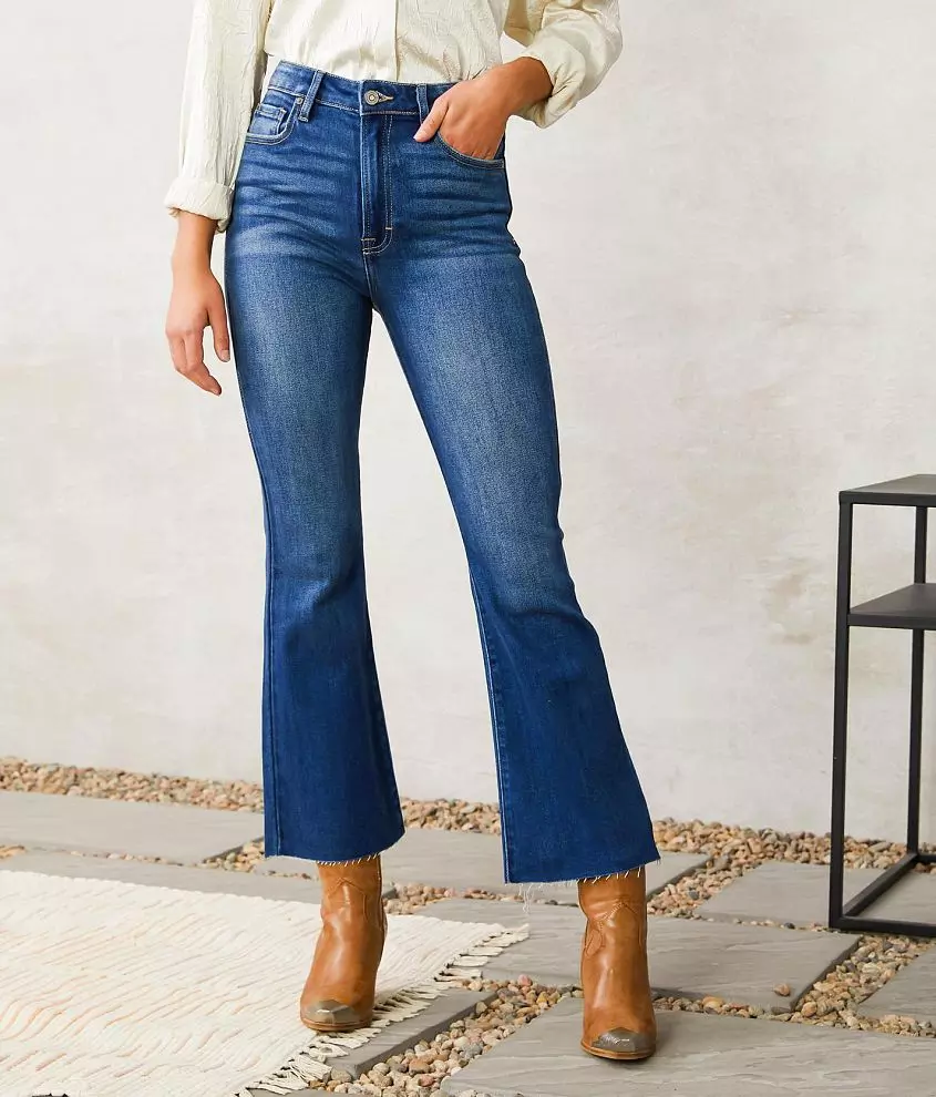 Hidden Dark Wash Ryan Frayed Hem Mid Rise Cropped Flare