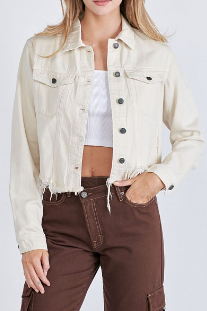 Hidden Cream Colored Cropped Frayed Fitted Jacket