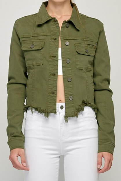 Hidden Military Olive Frayed Cropped Fitted Jacket