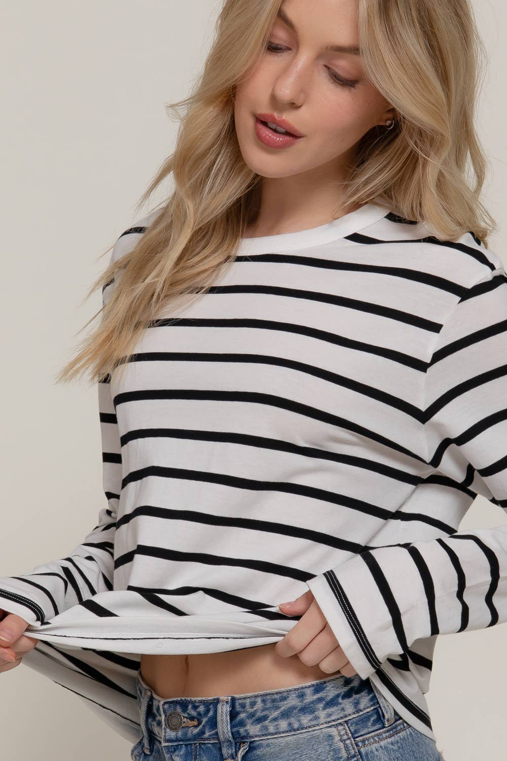Striped Long Sleeve Round Neck Cotton Top