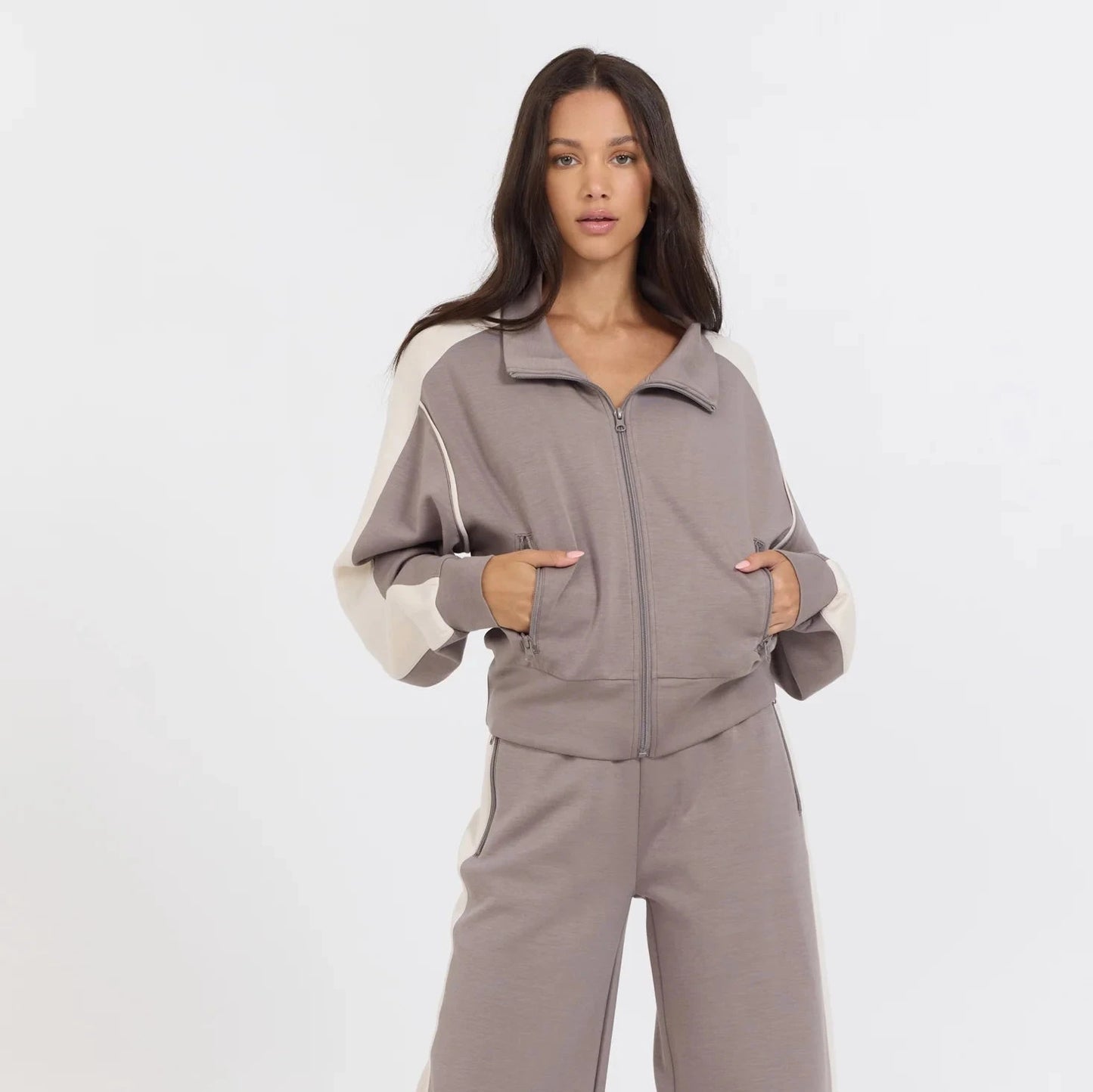 Vintage Havana Taupe Colorblock Cloud Fleece Zip Up