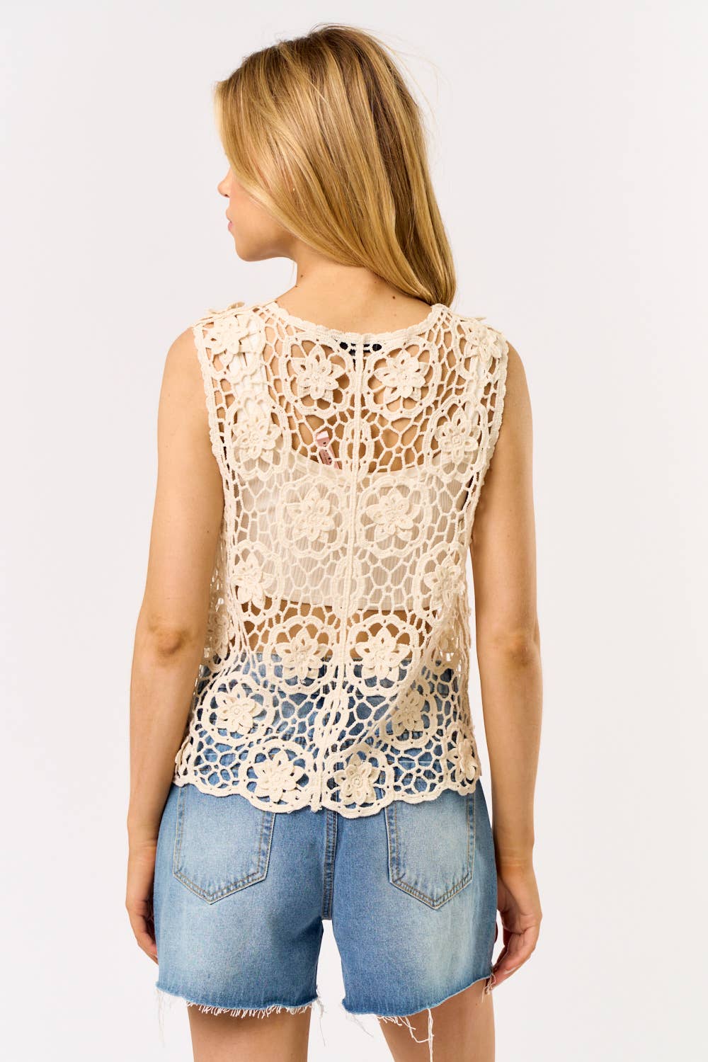 SLEEVELESS LACE UP CROCHET TOP